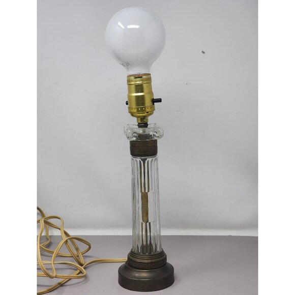 Vintage Working Leviton Glass Brass Table Lamp Ribbed Column Design Base - Picture 2 of 12